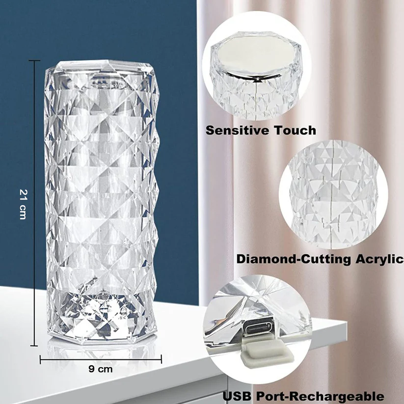 Rose Diamond Crystal Touch Lamp with 16-Color LED and Remote Control