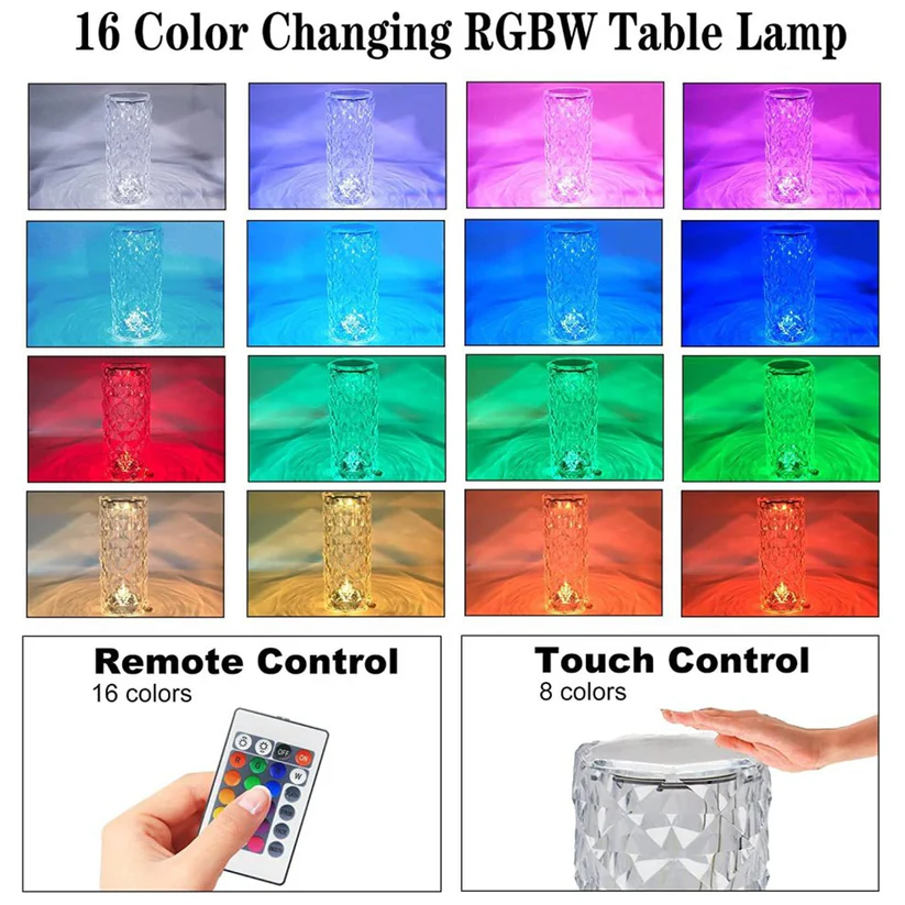 Rose Diamond Crystal Touch Lamp with 16-Color LED and Remote Control