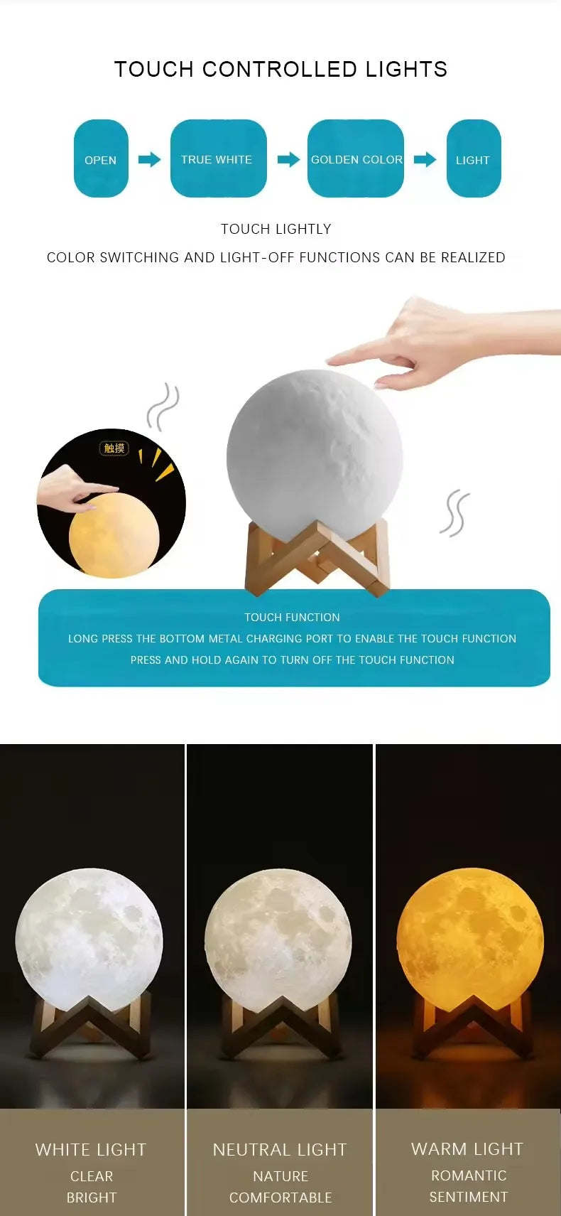 3D Moon Lamp with Touch Control and Adjustable Brightness