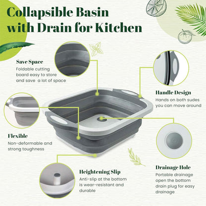 3-in-1 Foldable Cutting Board, Dish Rack, and Washing Bowl