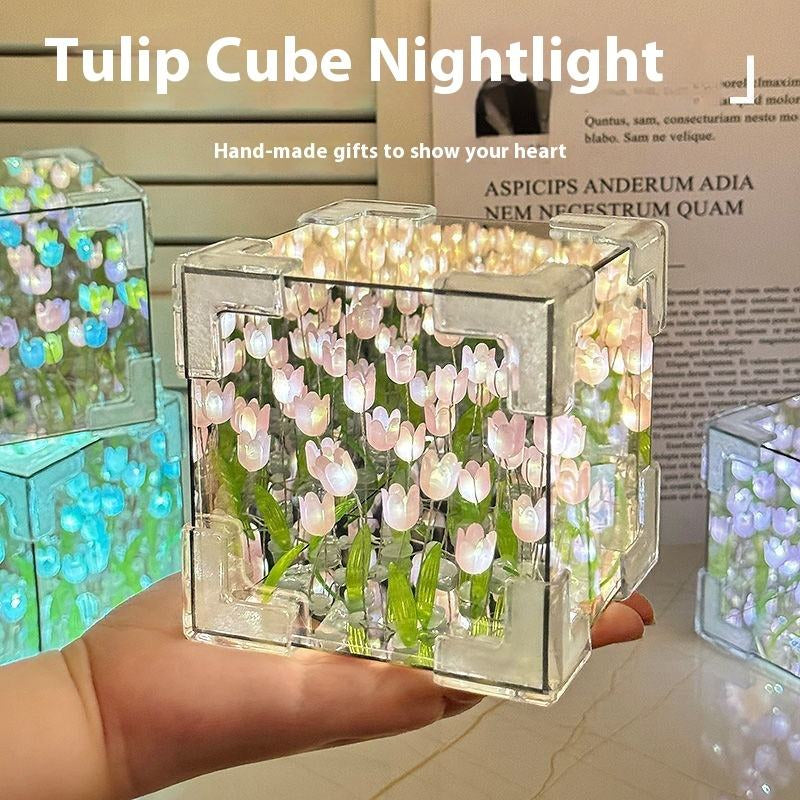 Cube Tulip Night Lamp - Multicolor LED Decorative Light and Mirror in One