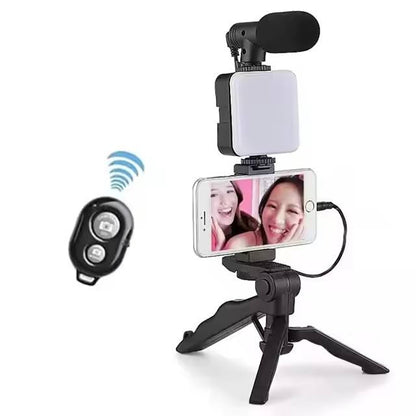 All-in-One Vlogging Kit with Noise-Reduction Microphone, Foldable Tripod, LED Light & Universal Phone Holder