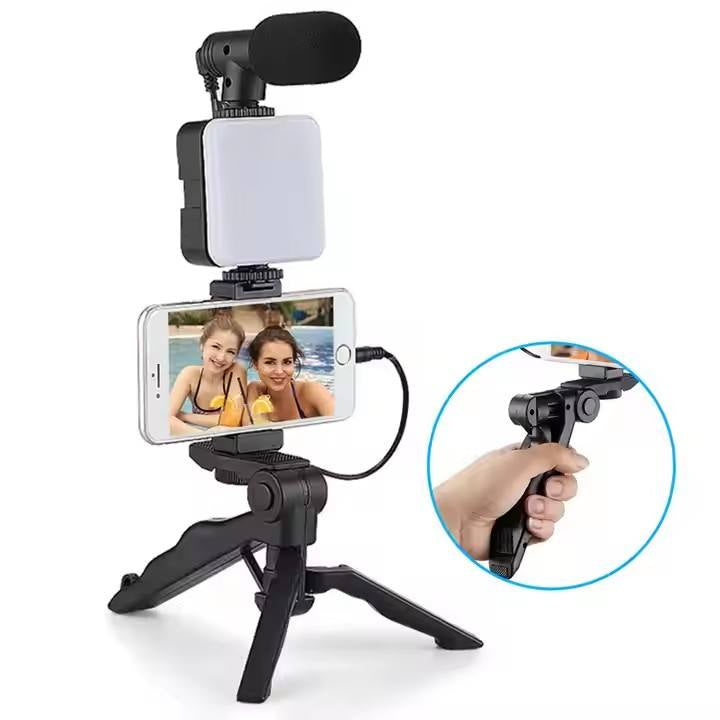 All-in-One Vlogging Kit with Noise-Reduction Microphone, Foldable Tripod, LED Light & Universal Phone Holder