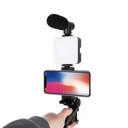 All-in-One Vlogging Kit with Noise-Reduction Microphone, Foldable Tripod, LED Light & Universal Phone Holder