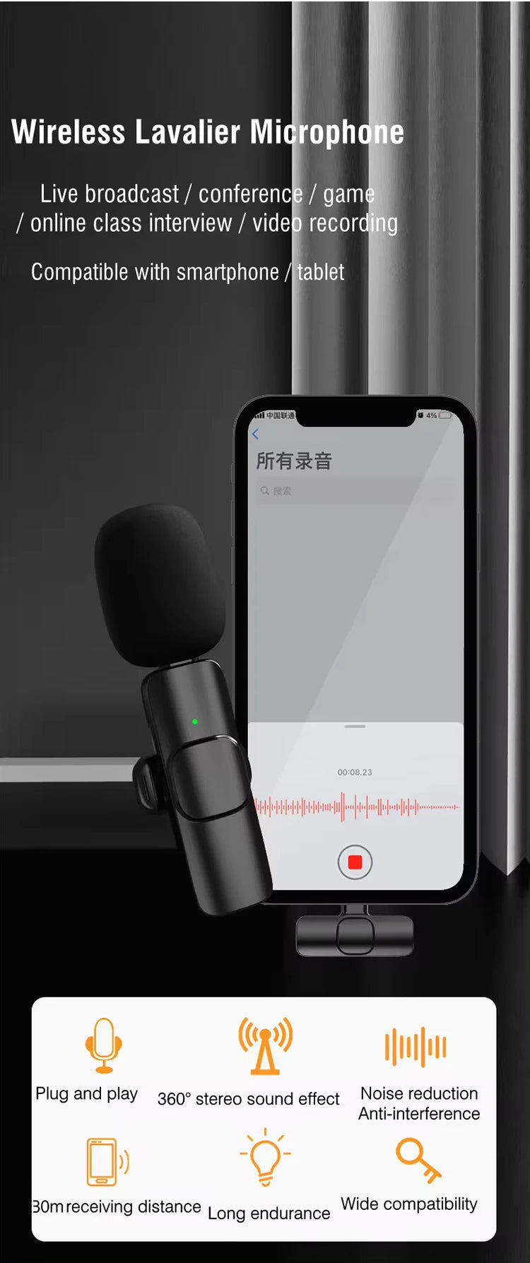 Wireless Clip-On Microphone with AI Noise Cancellation for iPhone & Android